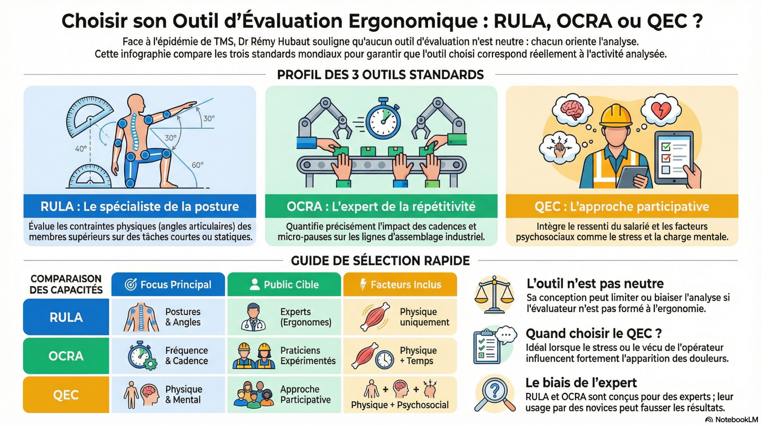 Comparaison outils d’évaluation du risque de TMS Infographie comparant trois outils d'évaluation ergonomique des TMS (RULA, OCRA et QEC), détaillant leurs spécialités, leurs publics cibles et les facteurs analysés pour aider à choisir la bonne méthode.