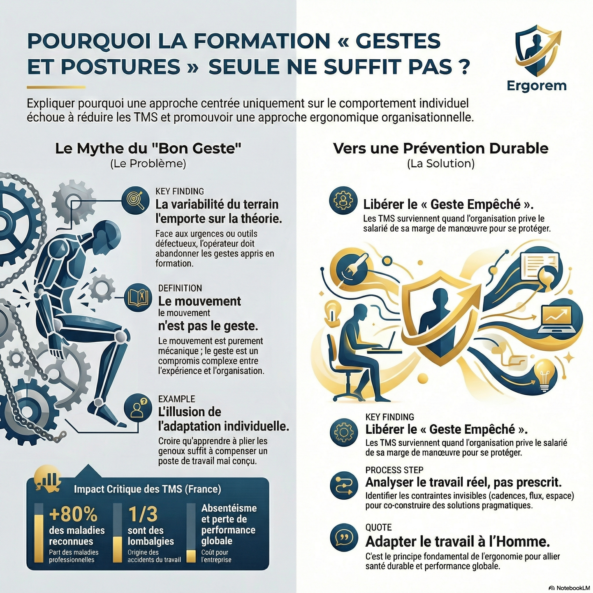 Limites formation Gestes et Postures Infographie Ergorem expliquant les limites des formations « Gestes et Postures » face aux TMS, en opposant le mythe du bon geste individuel à la nécessité d'une prévention durable basée sur l'organisation du travail réel.